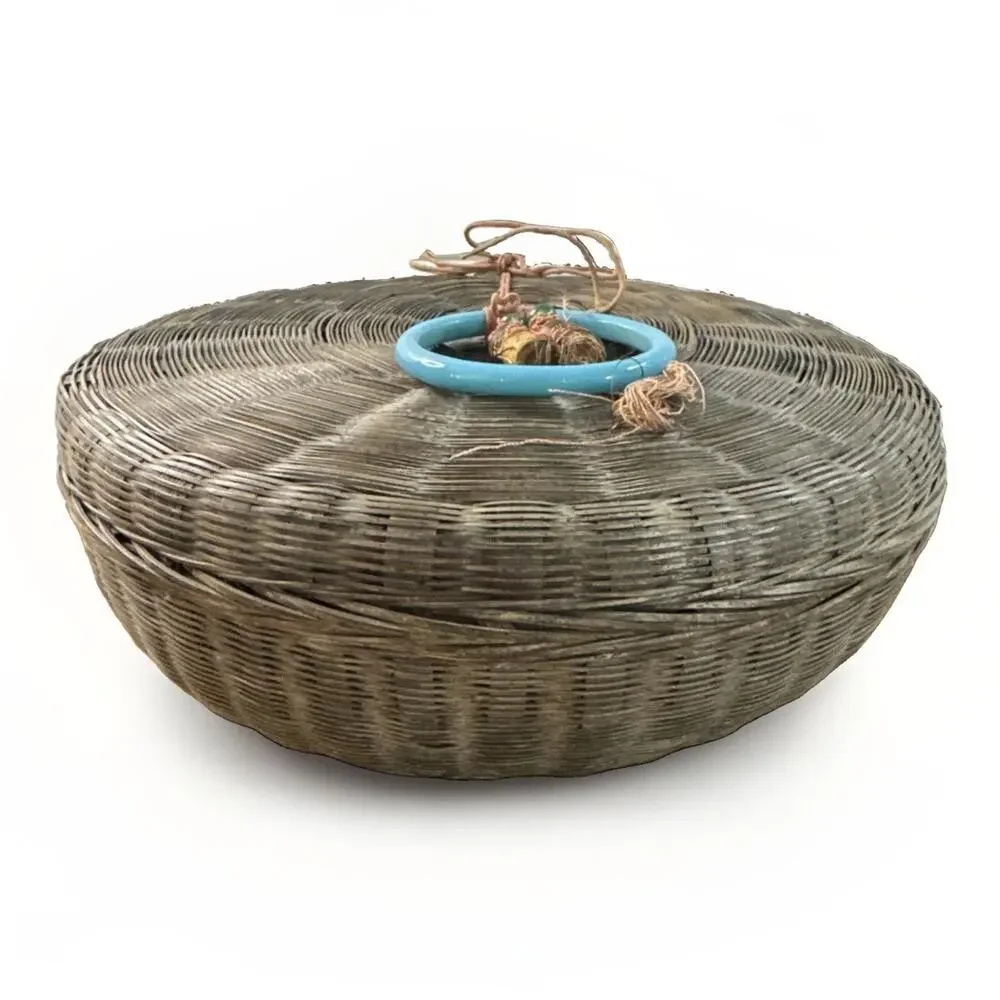 Vintage Wicker 10” Chinese Sewing Basket with Beads, Tassels and Ring